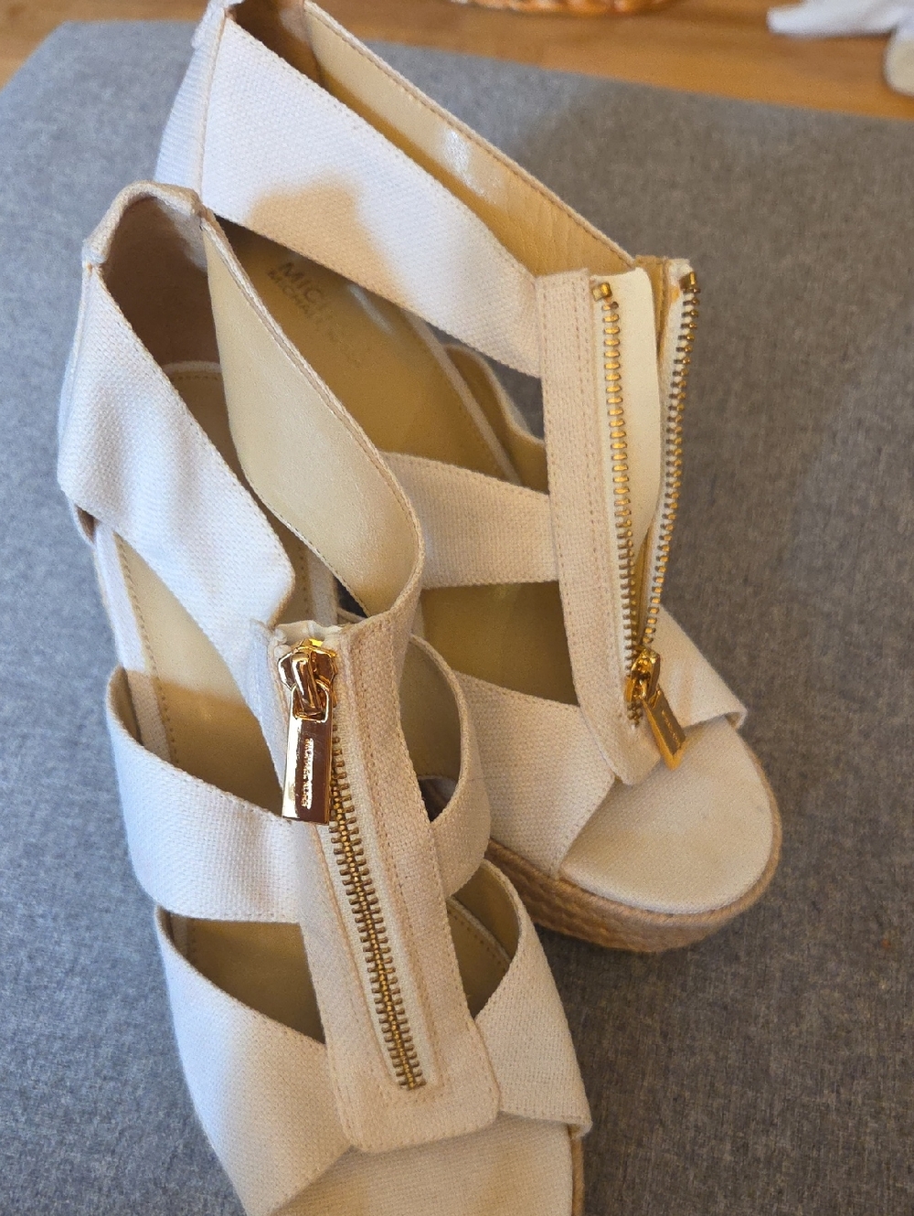 MICHAEL KORS Canvas Espadrille Wedge Sandals with Gold Zippers - Cream